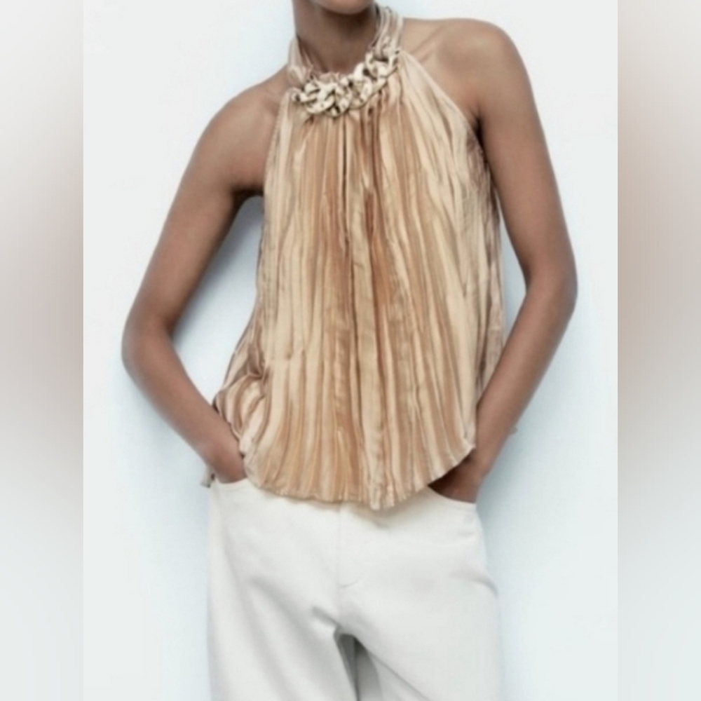 ZARA Pleated Chain Detail Halter Top, Size XS